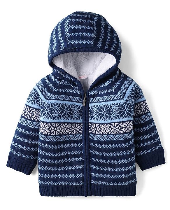 Babyhug Knit Full Sleeves Fur Lined Hooded Front Open Sweater with Aztec Design - Navy Blue