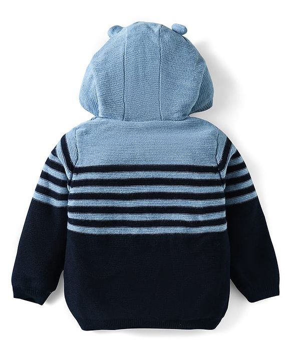 Babyhug Knit Full Sleeves Striped Hooded Front Open Sweater with Ear Applique - Light Blue