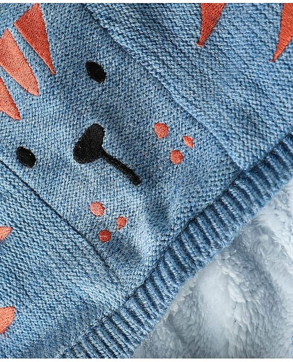 Babyhug Knit Full Sleeves Striped Hooded Front Open Sweater with Ear Applique - Light Blue