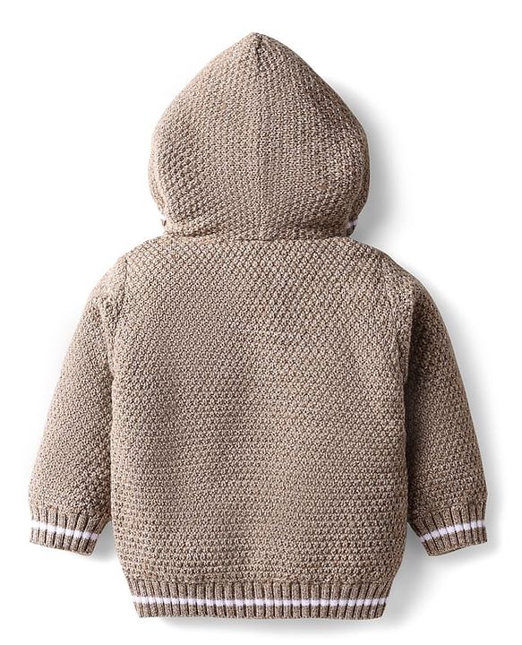 Babyhug Knitted Full Sleeves Fur Lined Hooded Front Open Sweater With Cable Knit Design - Beige
