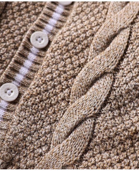 Babyhug Knitted Full Sleeves Fur Lined Hooded Front Open Sweater With Cable Knit Design - Beige