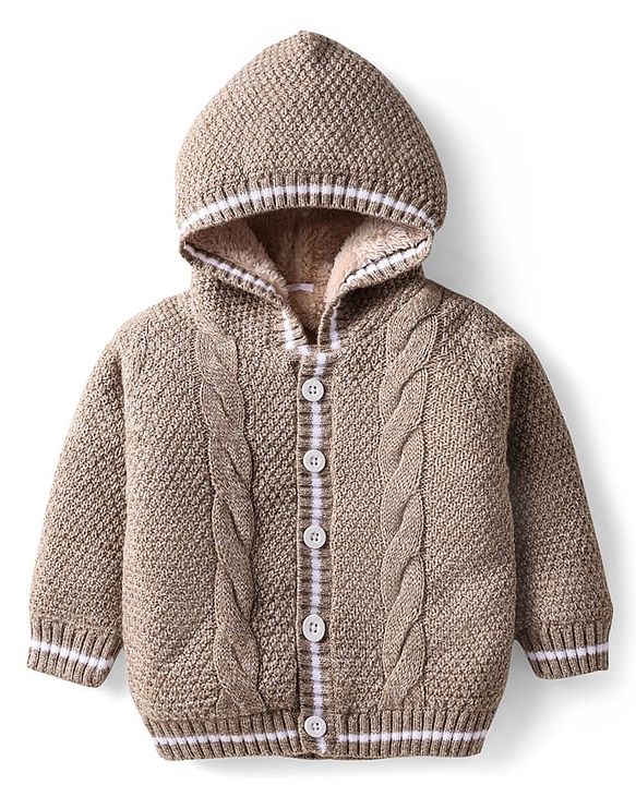 Babyhug Knitted Full Sleeves Fur Lined Hooded Front Open Sweater With Cable Knit Design - Beige