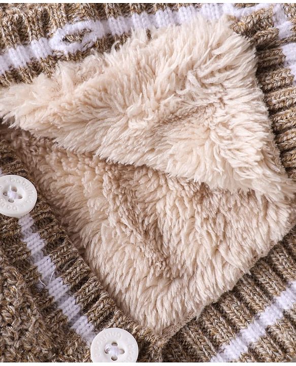 Babyhug Knitted Full Sleeves Fur Lined Hooded Front Open Sweater With Cable Knit Design - Beige