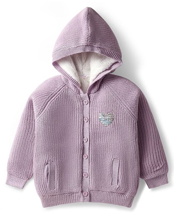 Babyhug Knit Full Raglan Sleeves Hooded Front Open Sweater with Sequin Detailing - Lavender