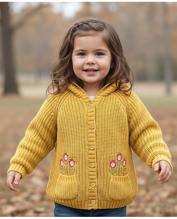 Babyhug Knit Full Raglan Sleeves Hooded Sweater With Floral Embroidery - Mustard