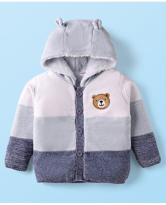 Babyhug Knit Full Sleeves Fur Lined Hooded Front Open Sweater with Color Blocks & Bear Patch - Blue