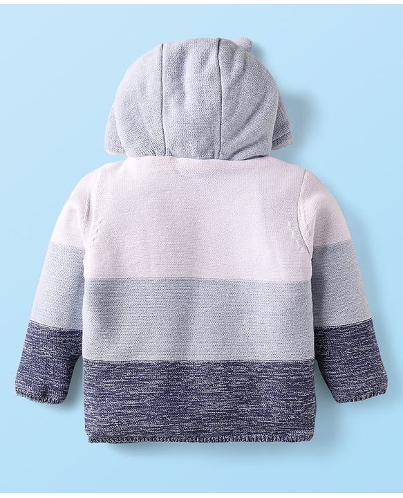 Babyhug Knit Full Sleeves Fur Lined Hooded Front Open Sweater with Color Blocks & Bear Patch - Blue