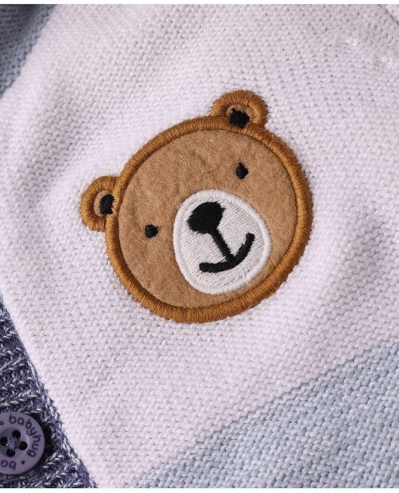 Babyhug Knit Full Sleeves Fur Lined Hooded Front Open Sweater with Color Blocks & Bear Patch - Blue