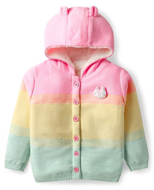 Babyhug Knit Full Sleeves Front Open Hooded Sweater With Bunny Applique - Yellow