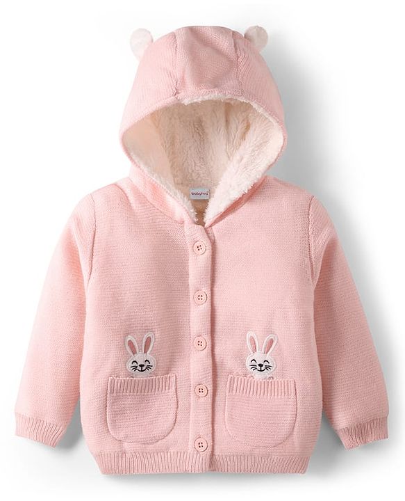 Babyhug Knitted Full Sleeves Front Open Hooded Sweater With Bunny Embroidery - Pink