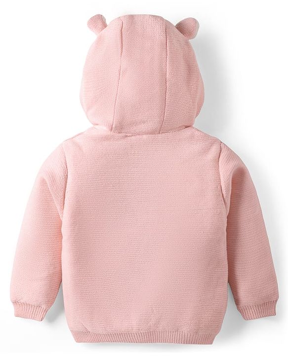 Babyhug Knitted Full Sleeves Front Open Hooded Sweater With Bunny Embroidery - Pink
