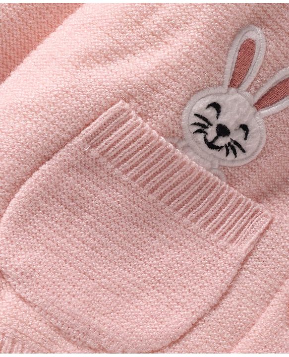 Babyhug Knitted Full Sleeves Front Open Hooded Sweater With Bunny Embroidery - Pink