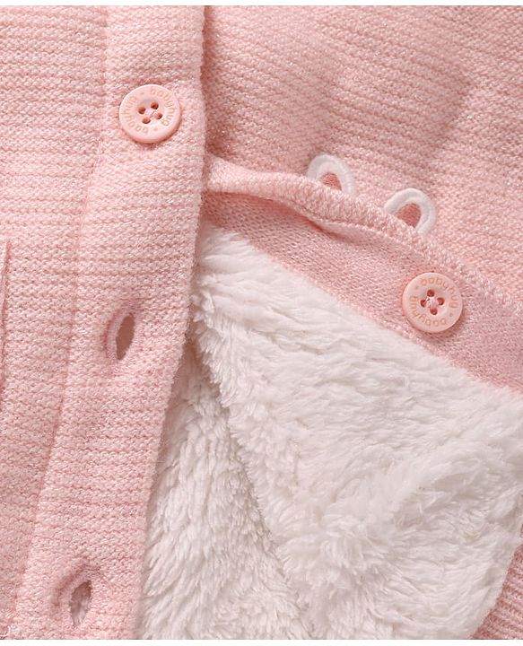 Babyhug Knitted Full Sleeves Front Open Hooded Sweater With Bunny Embroidery - Pink