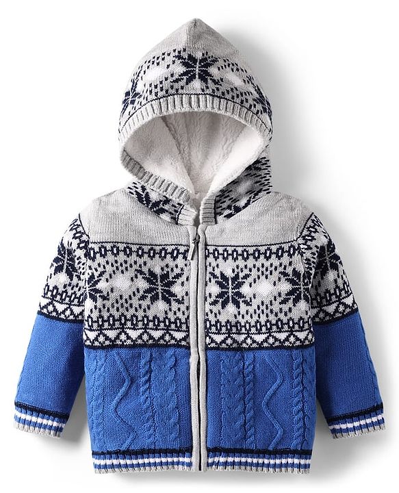 Babyhug Knitted Full Sleeves Front Open Hooded Sweater With Cable Knit Design - Blue