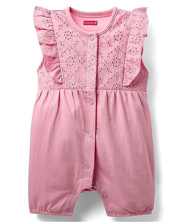 Babyhug 100% Cotton Knit Frill Sleeves Front Open Romper with Hairband & Schiffli Detailing - Pink