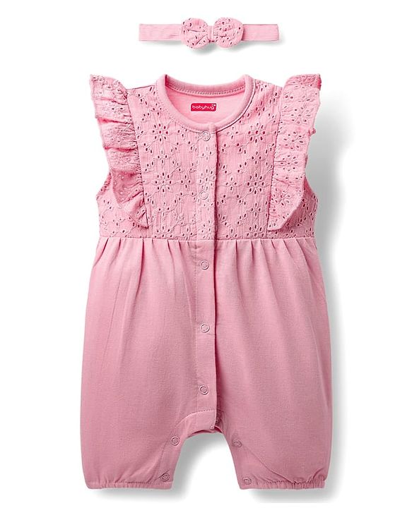 Babyhug 100% Cotton Knit Frill Sleeves Front Open Romper with Hairband & Schiffli Detailing - Pink