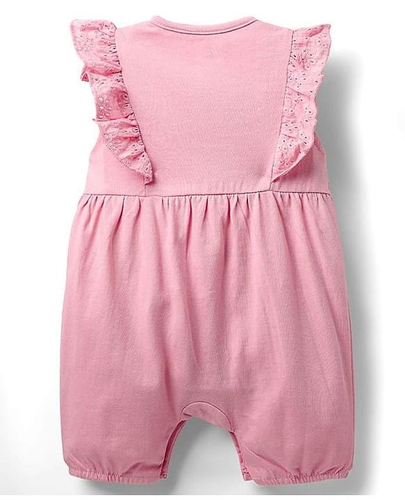 Babyhug 100% Cotton Knit Frill Sleeves Front Open Romper with Hairband & Schiffli Detailing - Pink