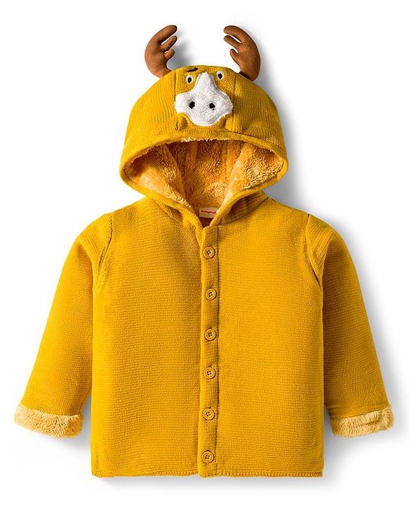Babyhug Knit Full Sleeves Front Open Hooded Sweater with Reindeer Applique - Yellow