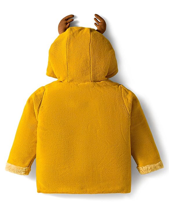 Babyhug Knit Full Sleeves Front Open Hooded Sweater with Reindeer Applique - Yellow