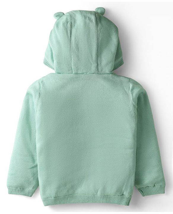 Babyhug Knit Full Sleeves Hooded Front Open Sweater with Ear Applique - Sea Green