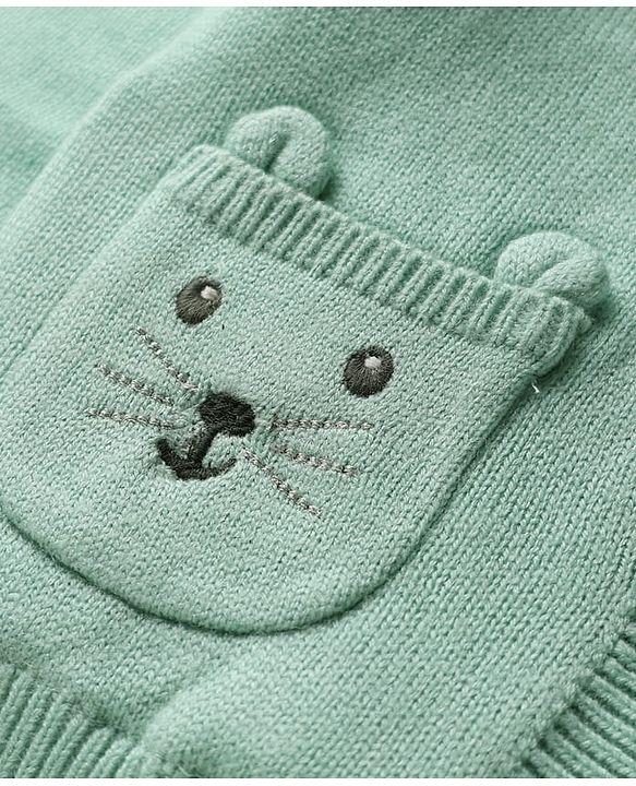 Babyhug Knit Full Sleeves Hooded Front Open Sweater with Ear Applique - Sea Green