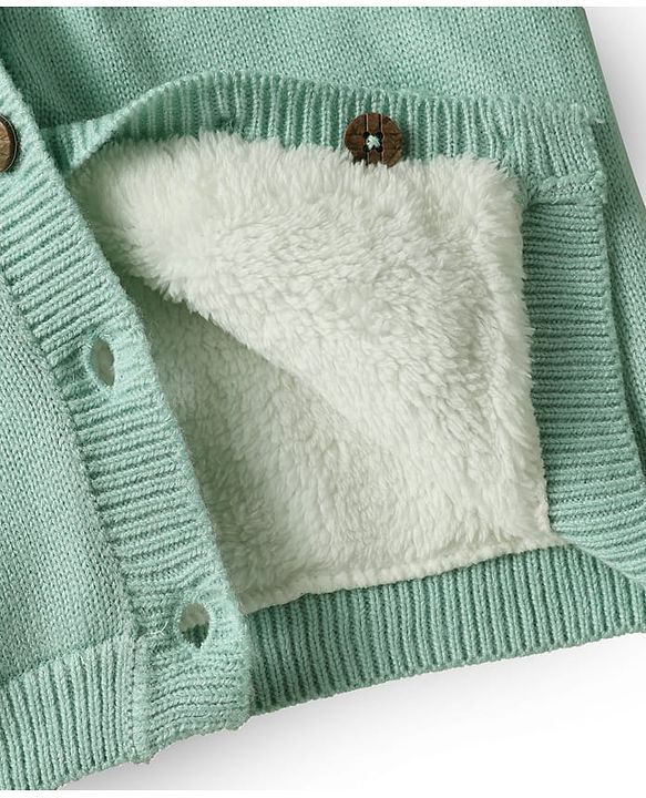 Babyhug Knit Full Sleeves Hooded Front Open Sweater with Ear Applique - Sea Green