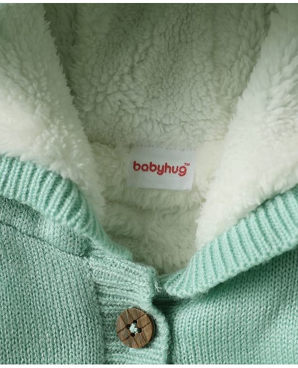 Babyhug Knit Full Sleeves Hooded Front Open Sweater with Ear Applique - Sea Green