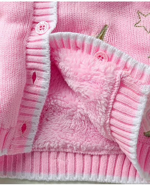 Babyhug Knit Full Sleeves Front Open Hooded Sweater With Unicorn Embriodery - Pink