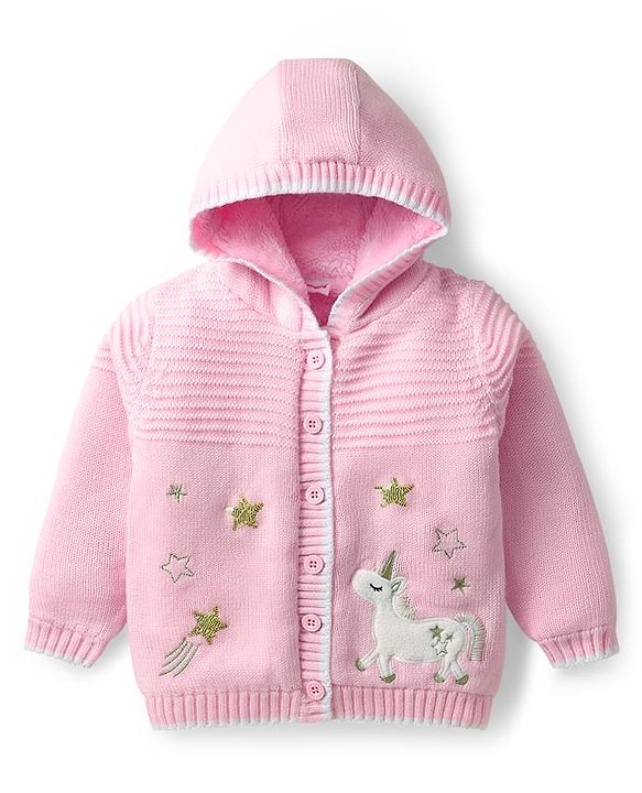 Babyhug Knit Full Sleeves Front Open Hooded Sweater With Unicorn Embriodery - Pink