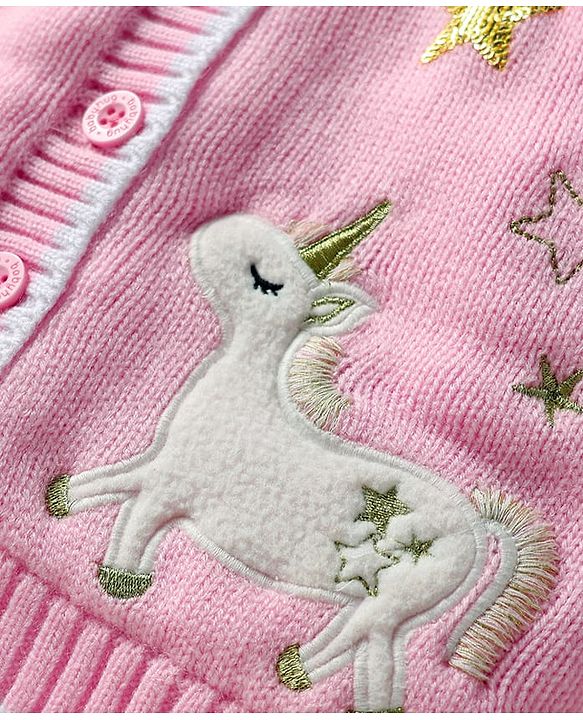 Babyhug Knit Full Sleeves Front Open Hooded Sweater With Unicorn Embriodery - Pink