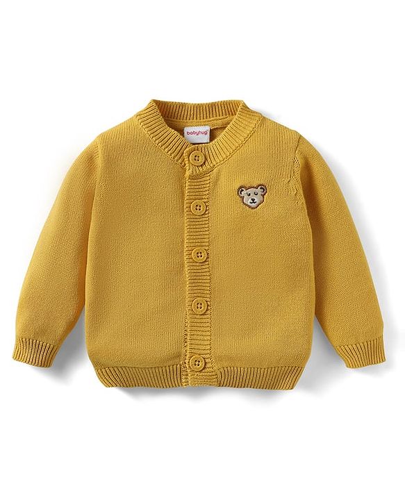 Babyhug Cotton Knit Full Sleeves Front Open Sweater With Bear Embriodery - Yellow