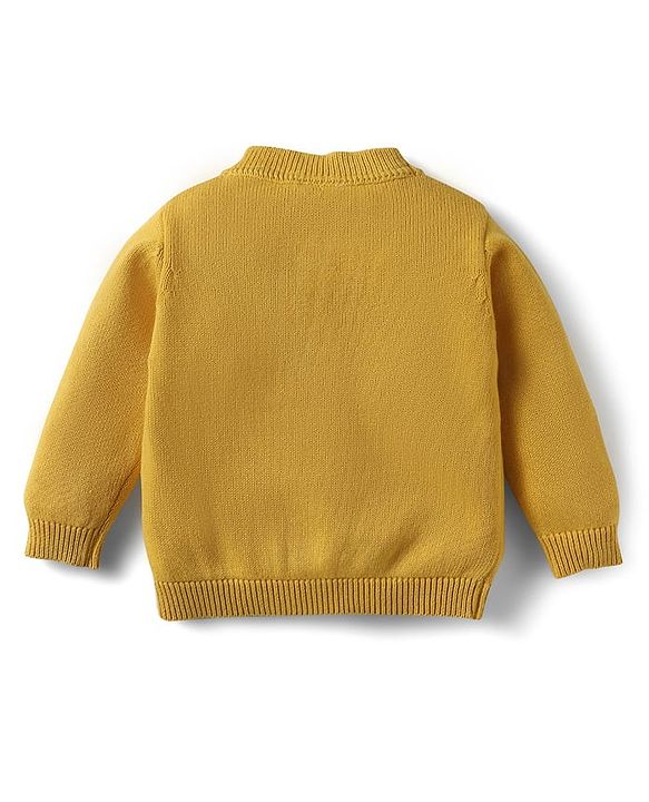 Babyhug Cotton Knit Full Sleeves Front Open Sweater With Bear Embriodery - Yellow