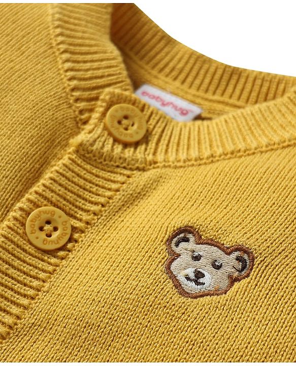 Babyhug Cotton Knit Full Sleeves Front Open Sweater With Bear Embriodery - Yellow