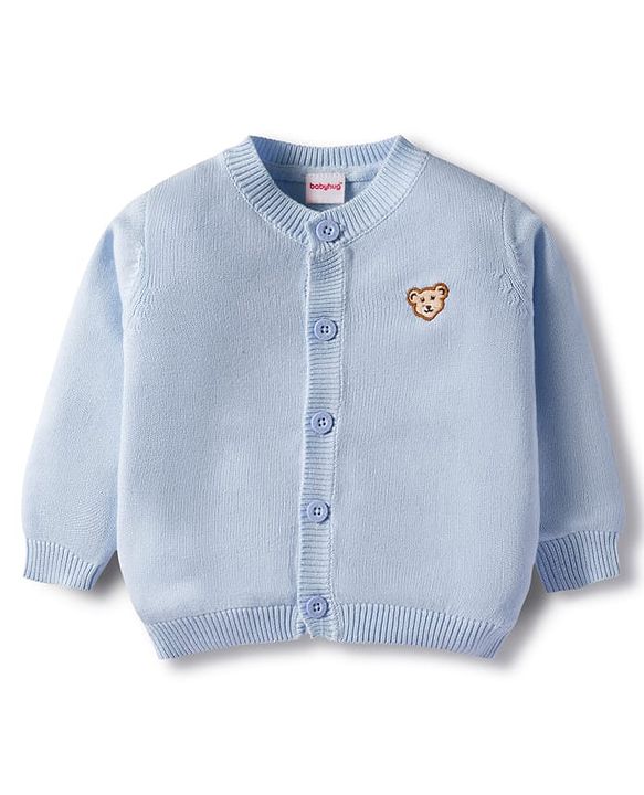 Babyhug Cotton Knit Full Sleeves Front Open Sweater With Bear Embriodery - Yellow