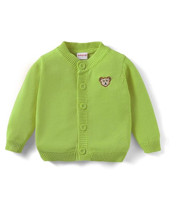 Babyhug Cotton Knit Full Sleeves Front Open Sweater With Bear Embriodery - Yellow