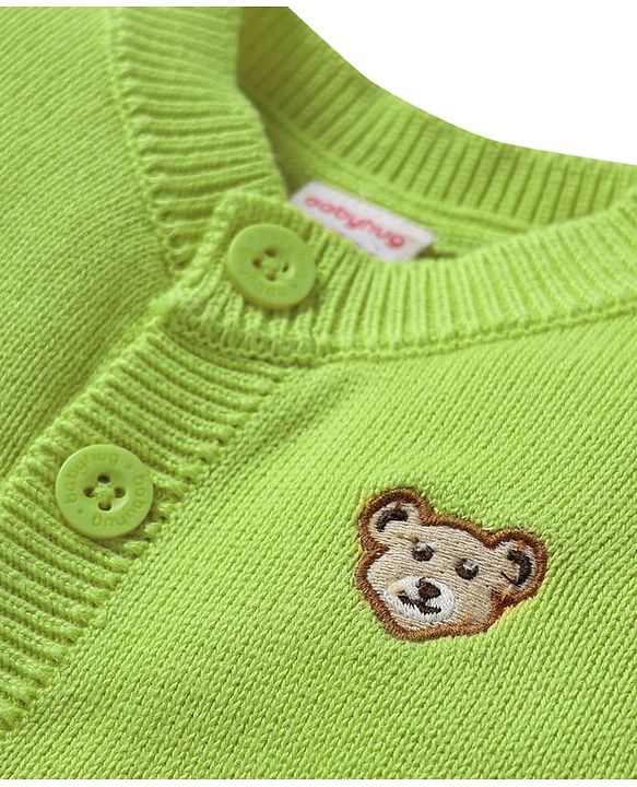Babyhug Cotton Knit Full Sleeves Front Open Sweater With Bear Embriodery - Yellow