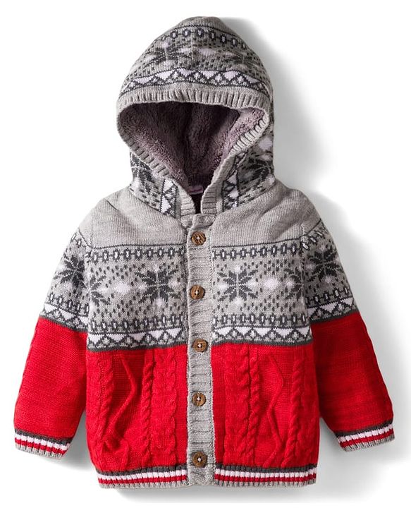 Babyhug Knit Full Sleeves Hooded Front Open Sweater with Aztec Design - Red & Grey