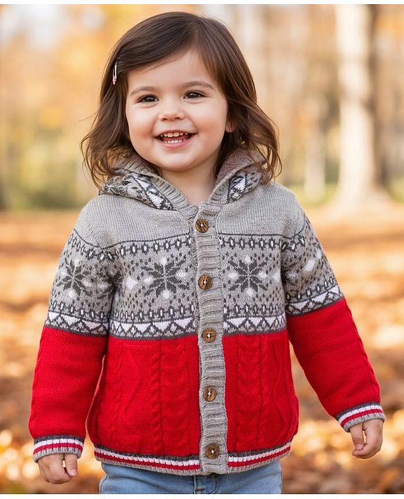 Babyhug Knit Full Sleeves Hooded Front Open Sweater with Aztec Design - Red & Grey