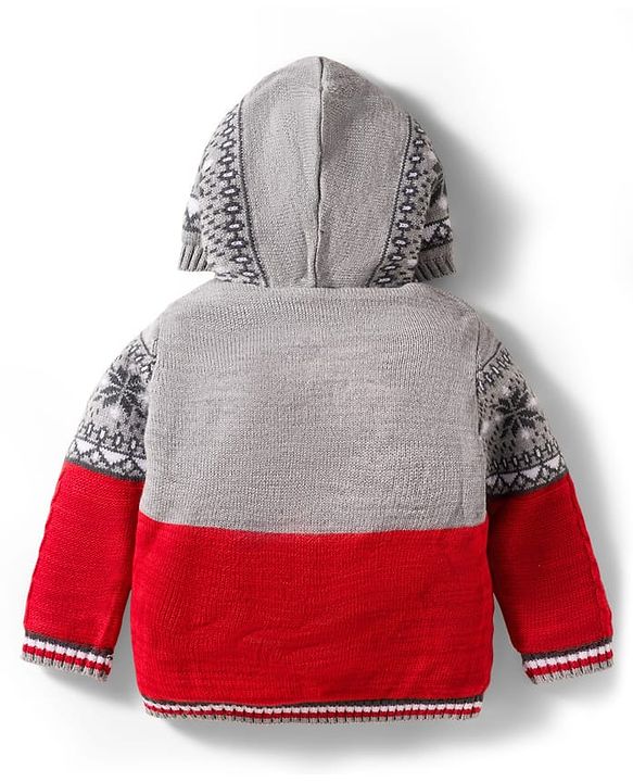 Babyhug Knit Full Sleeves Hooded Front Open Sweater with Aztec Design - Red & Grey