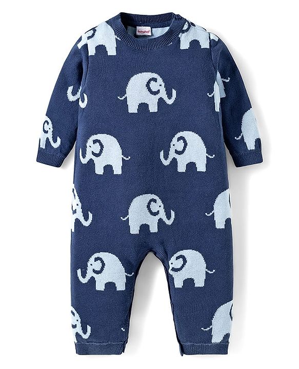 Babyhug 100% Cotton Knit Full Sleeves Winter Wear Romper with Elephant Print - Navy Blue