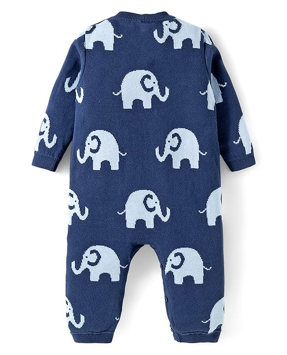 Babyhug 100% Cotton Knit Full Sleeves Winter Wear Romper with Elephant Print - Navy Blue