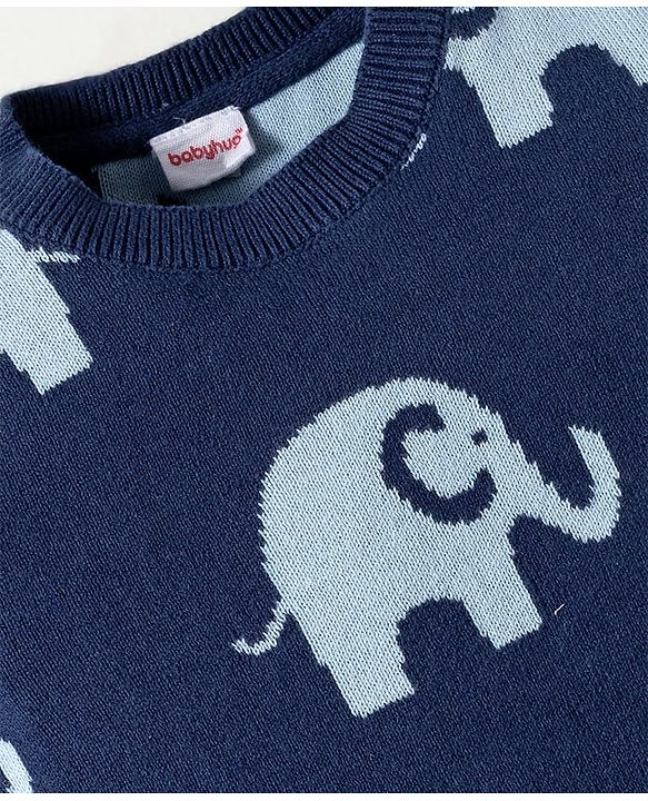Babyhug 100% Cotton Knit Full Sleeves Winter Wear Romper with Elephant Print - Navy Blue