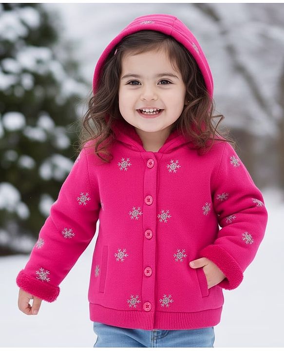 Babyhug Knit Full Sleeves Front Open Hooded Sweater with Snow Flake Design - Fuchsia