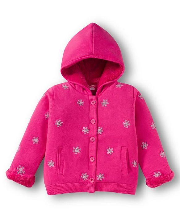 Babyhug Knit Full Sleeves Front Open Hooded Sweater with Snow Flake Design - Fuchsia