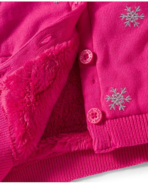 Babyhug Knit Full Sleeves Front Open Hooded Sweater with Snow Flake Design - Fuchsia