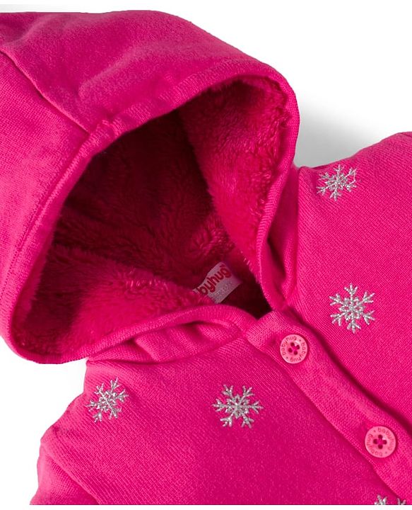 Babyhug Knit Full Sleeves Front Open Hooded Sweater with Snow Flake Design - Fuchsia