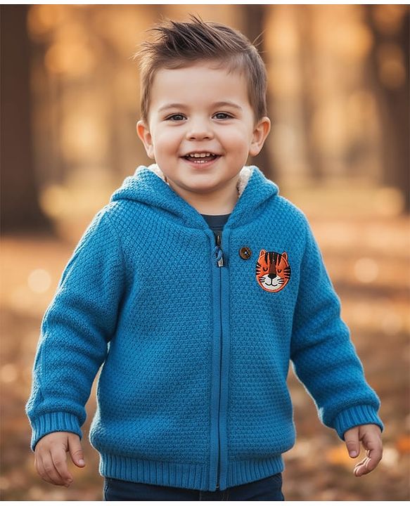 Babyhug Knit Full Sleeves Hooded Front Open Sweater with Tiger Patch - Blue