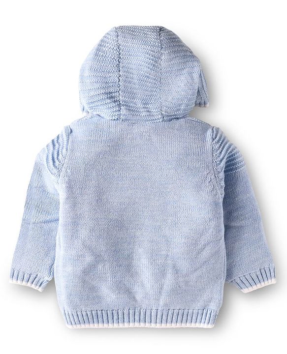 Babyhug Knit Full Sleeves Hooded Front Open Sweater With Unicorn Embroidery & Star Sequin - Light Blue