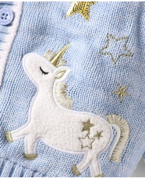 Babyhug Knit Full Sleeves Hooded Front Open Sweater With Unicorn Embroidery & Star Sequin - Light Blue