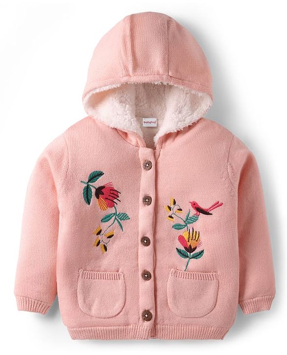 Babyhug Knitted Full Sleeves Front Open Hooded Sweater With Floral & Bird Embroidery - Pink